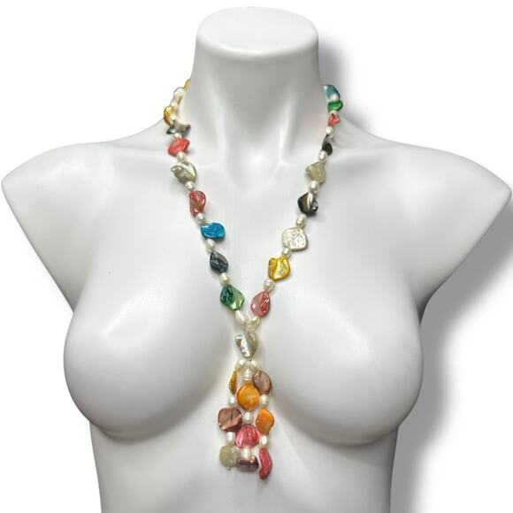Freshwater Baroque Pearl Necklace Tassel Rainbow Multicolor Beach Ocean Wedding - Picture 1 of 14